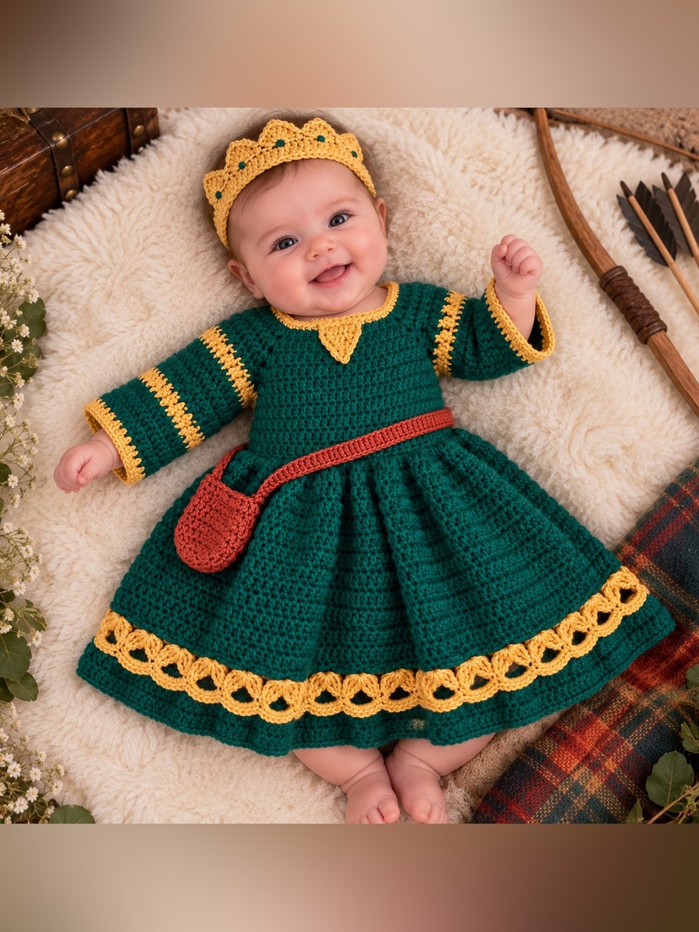 Merida Brave inspired handmade dark Emerald and Yellow Crochet Baby Dress